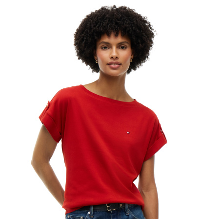 Tommy Hilfiger Women's Breton-Stripe Boat-Neck Gold-Tone Button T-Shirt - Dark Magma