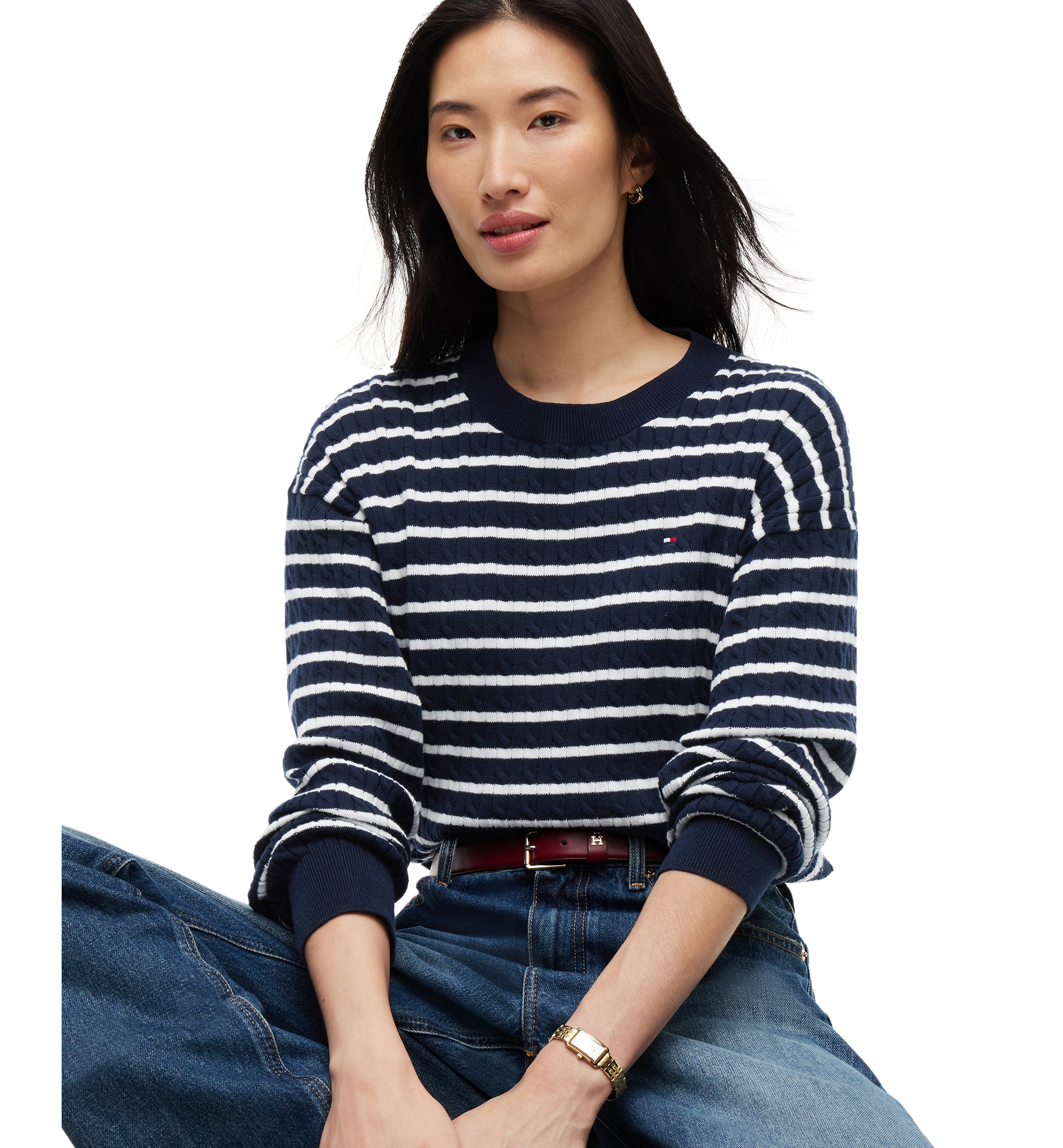 Tommy Hilfiger Women's Fine Gauge Cable-Knit Crewneck Sweater - Breton Stp Dark Blue Ecru
