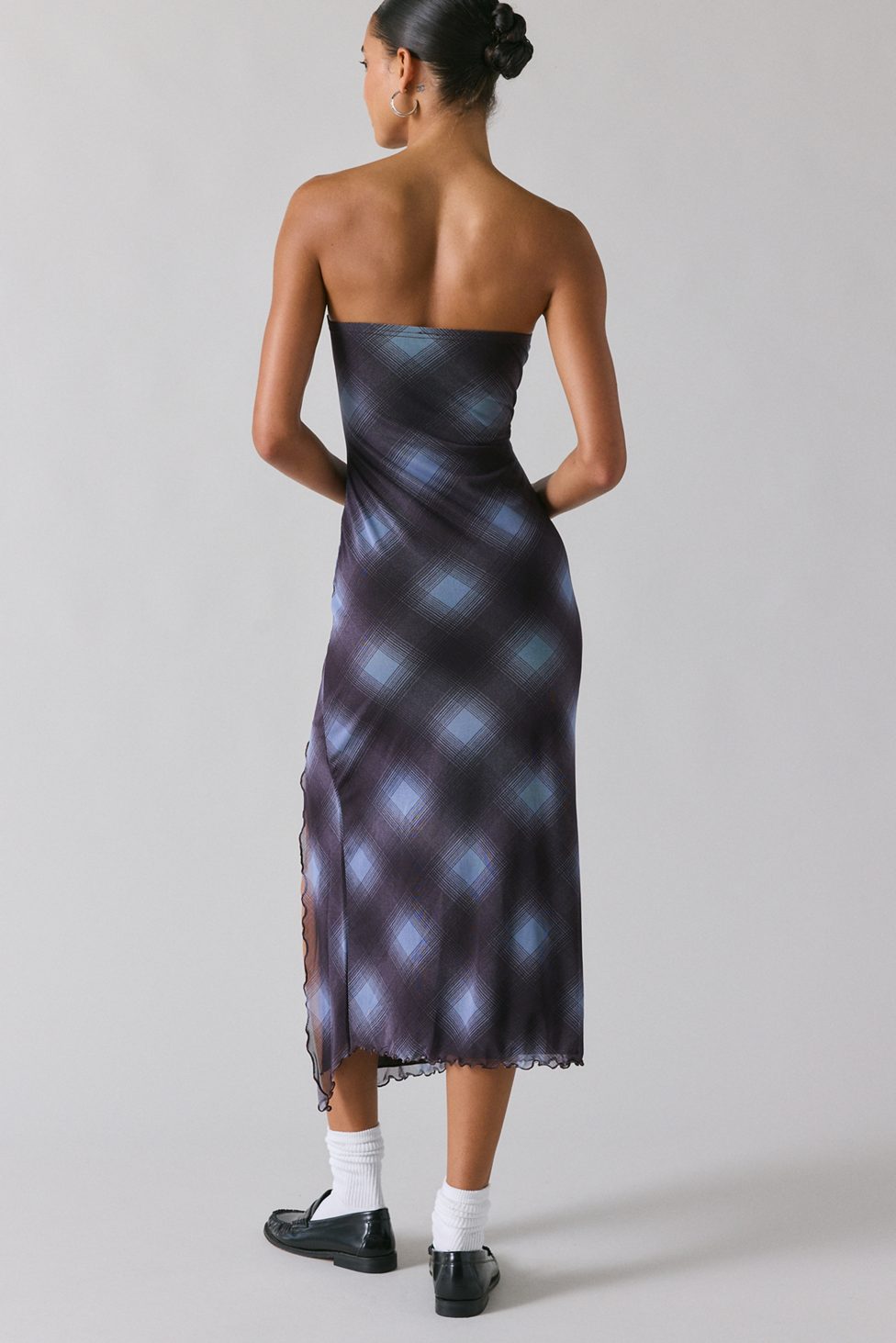 UO Samara Mesh Strapless Midi Dress - Dark Plaid