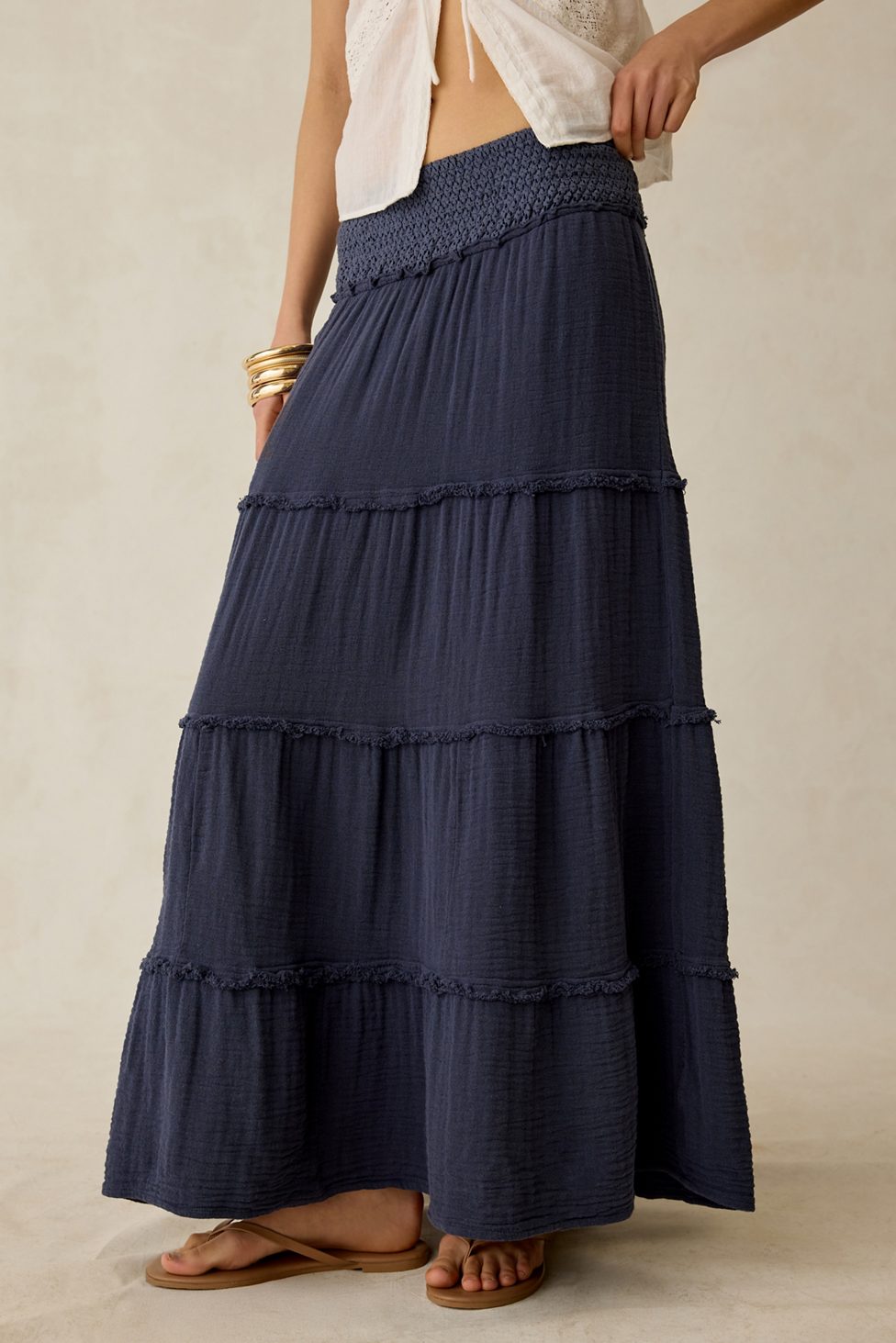 Kimchi Blue On My Mind Smocked Waist Tiered Maxi Skirt - Navy