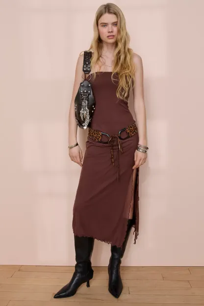 UO Samara Mesh Strapless Midi Dress - Brown