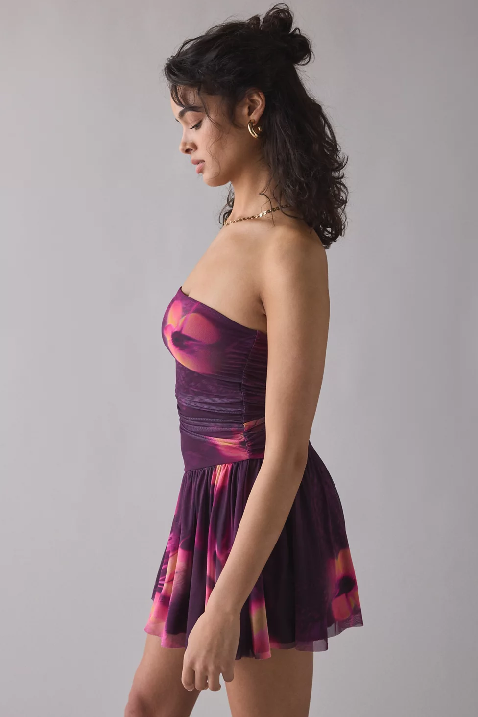 UO Modern Mesh Basque Waist Strapless Mini Dress - Purple Multi