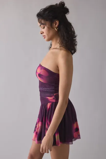 UO Modern Mesh Basque Waist Strapless Mini Dress - Purple Multi