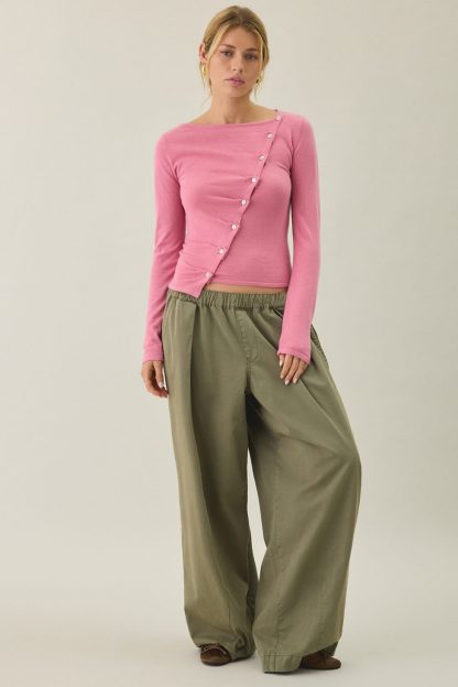 BDG Sutton Slanted Asymmetric Button Cardigan - Pink