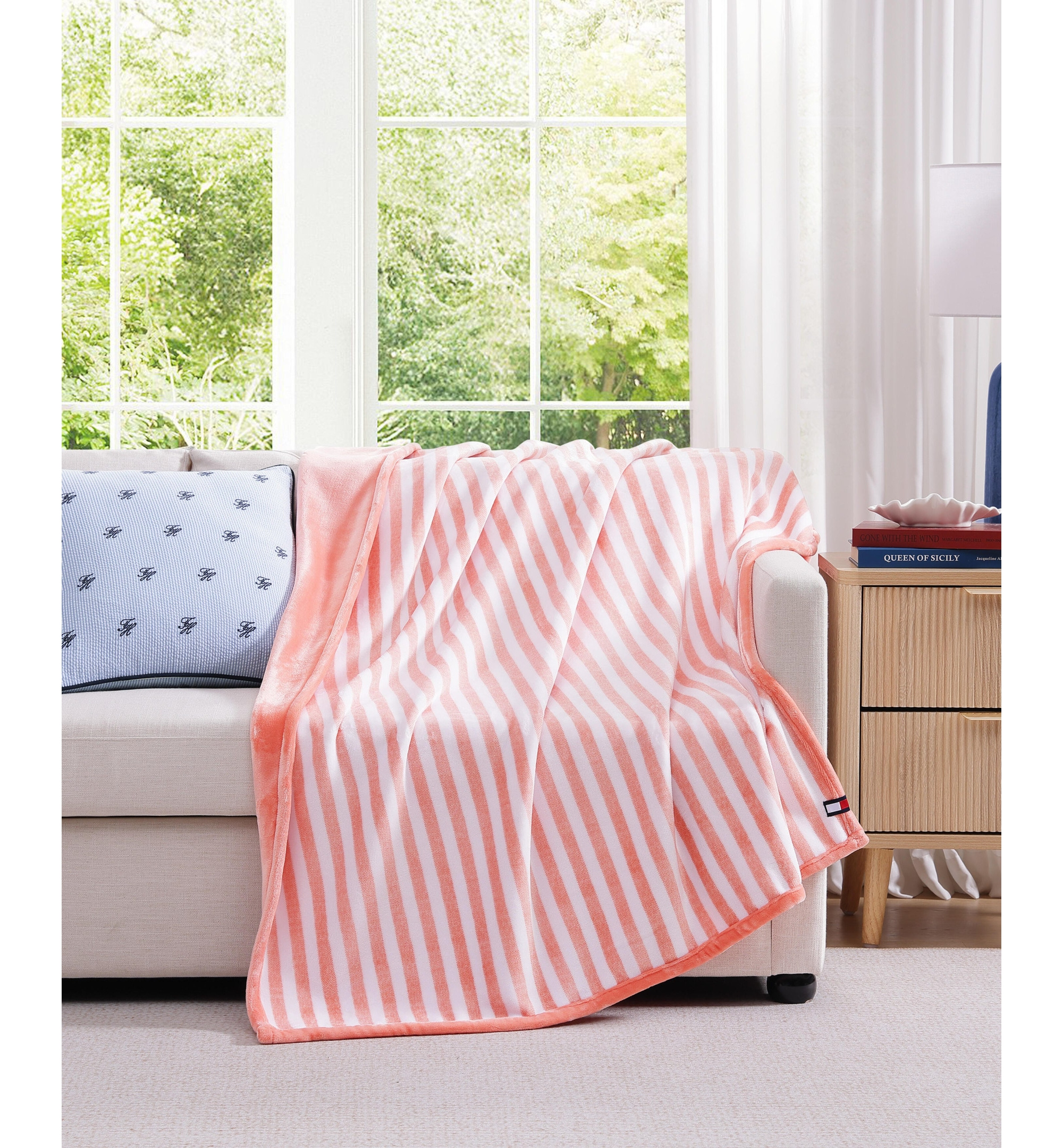 Tommy Hilfiger Laguna Beach Stripe Printed Plush Throw, 70" x 50" - White, Coral Pink