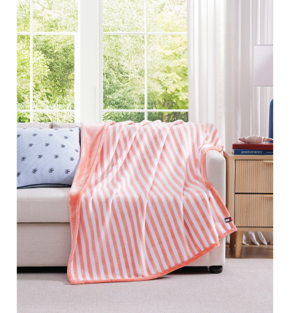 Tommy Hilfiger Laguna Beach Stripe Printed Plush Throw, 70" x 50" - White, Coral Pink