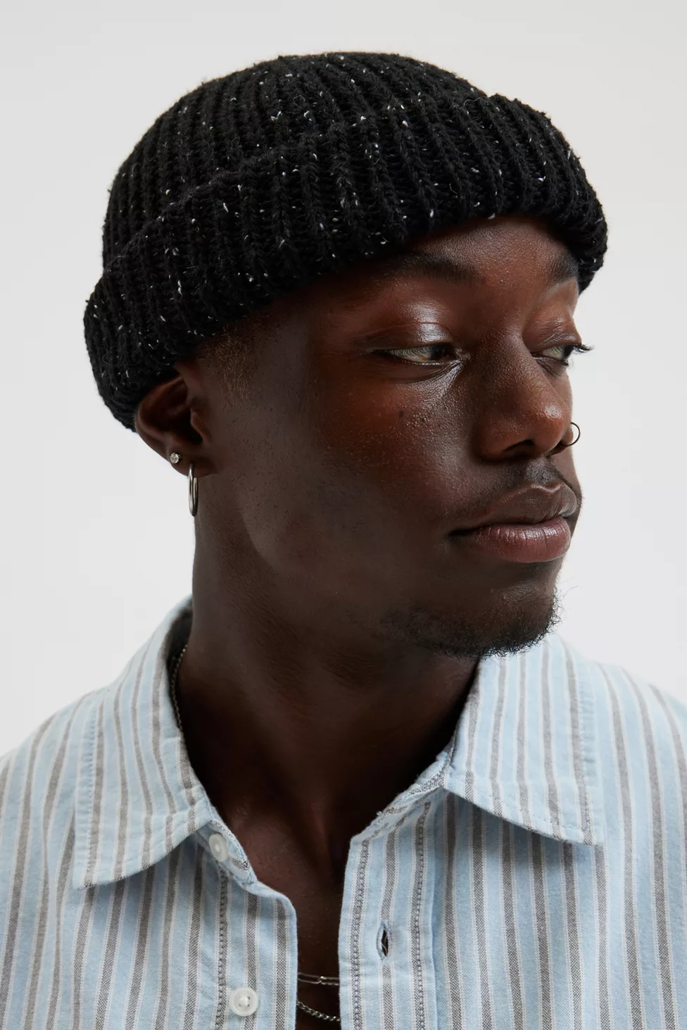 Marled Wool-Blend Short Roll Ribbed Knit Beanie - Black