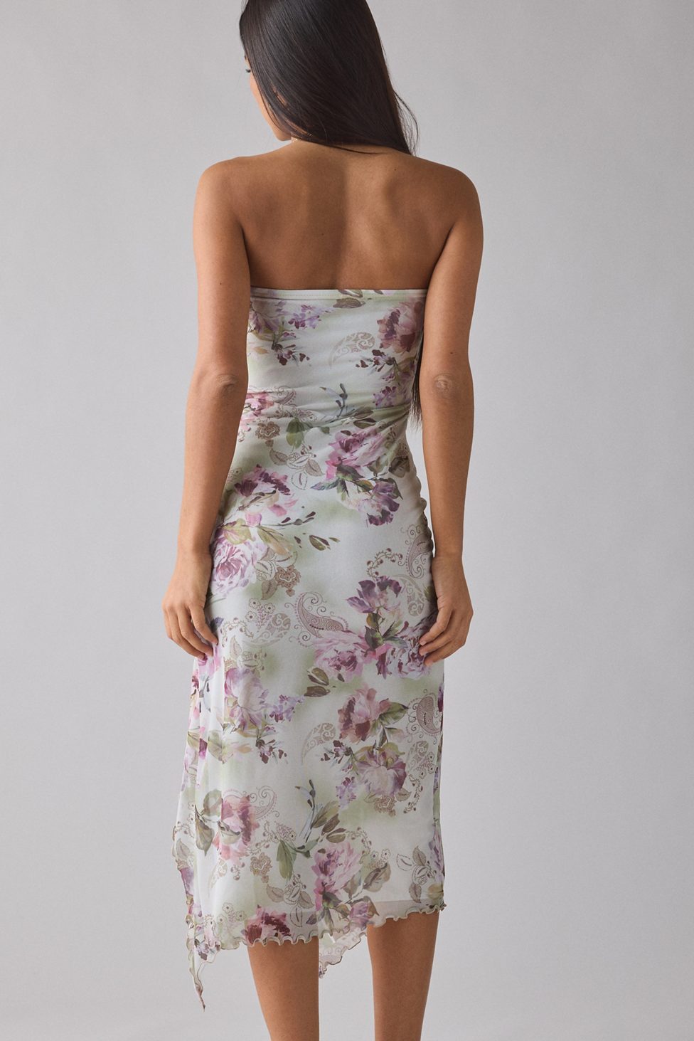 UO Samara Mesh Strapless Midi Dress - Beige Floral