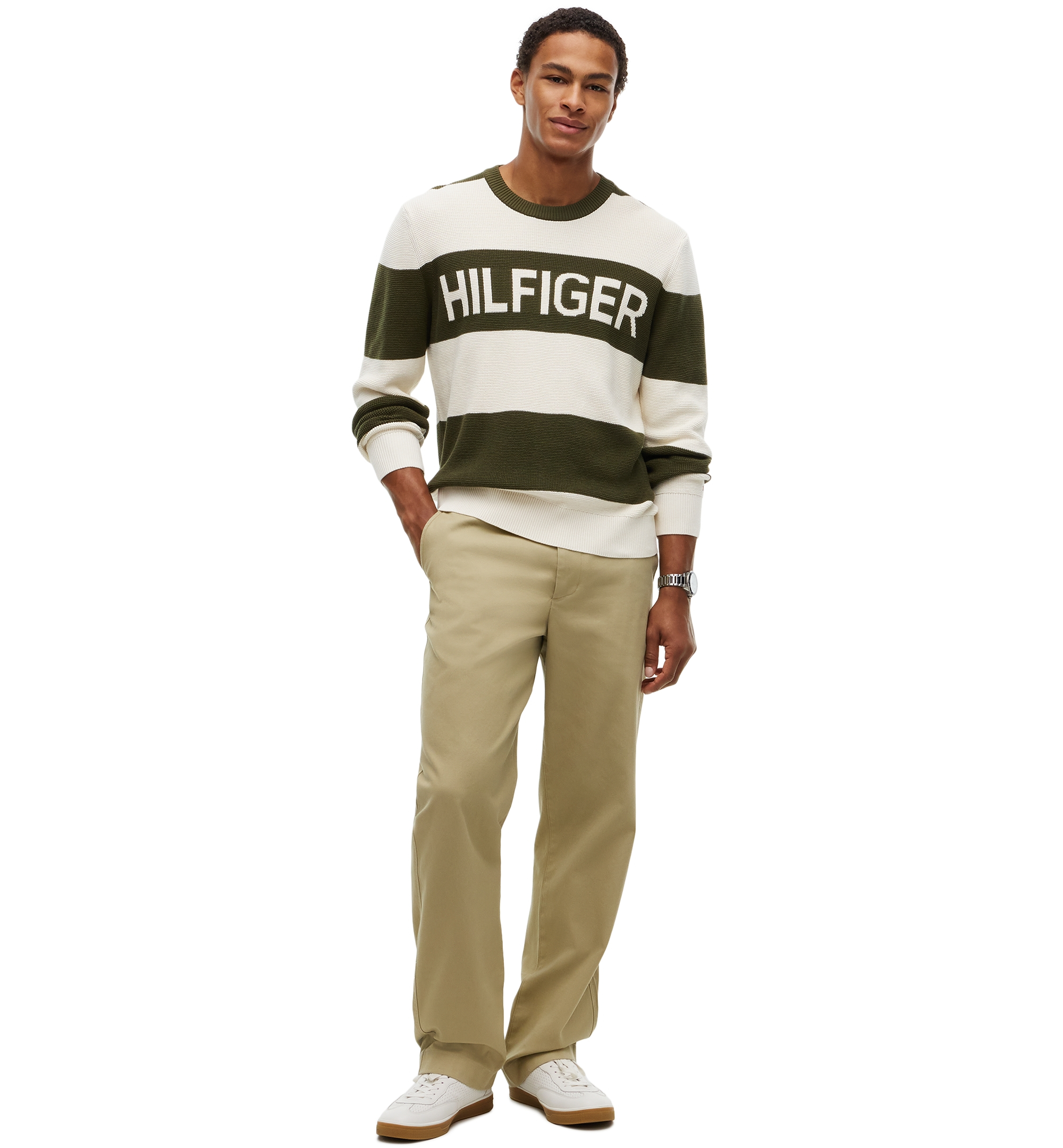 Tommy Hilfiger Men's Waffle Cotton Graphic Crewneck Sweater - Huntsman Green/Ivory Petal