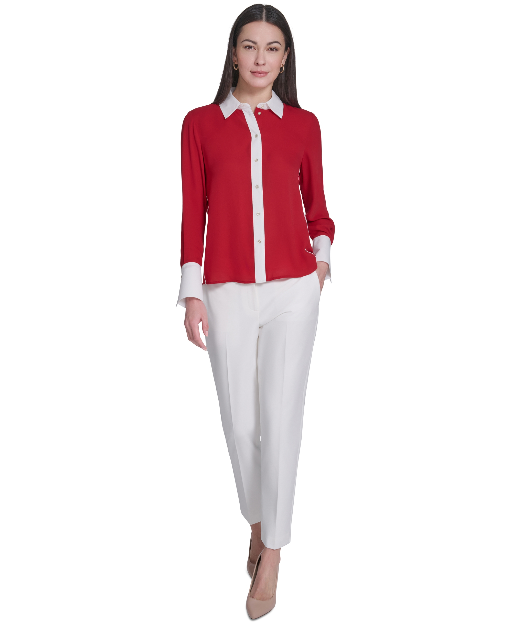 Tommy Hilfiger Women's Slim-Fit Button-Up Top - Scarlet/Ivory