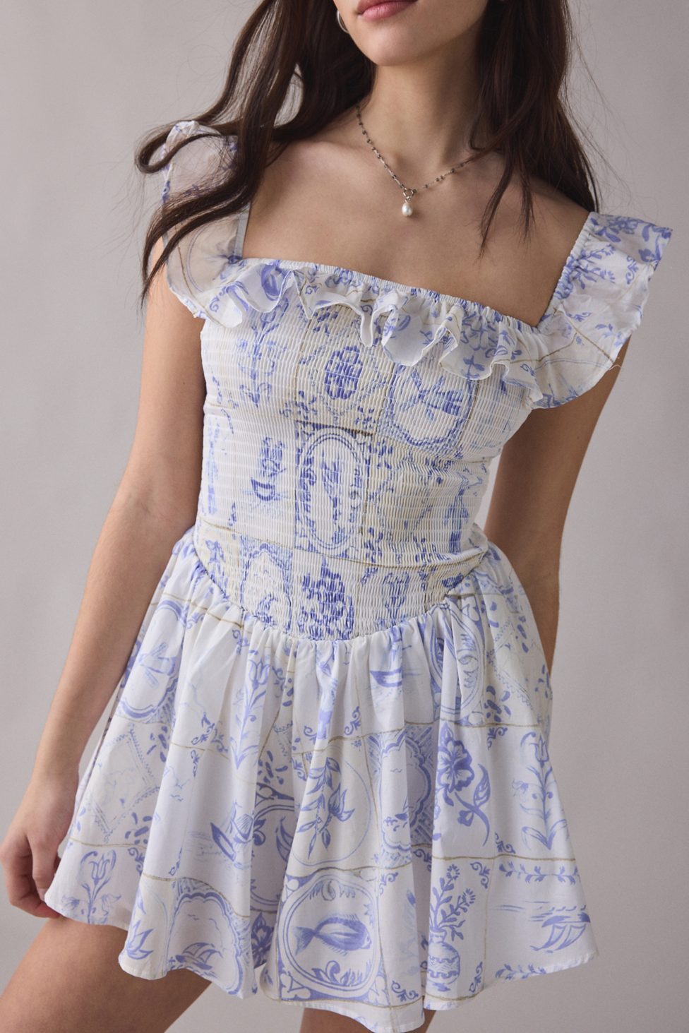 Kimchi Blue Clementine Smocked Ruffle Romper - Blue Multi