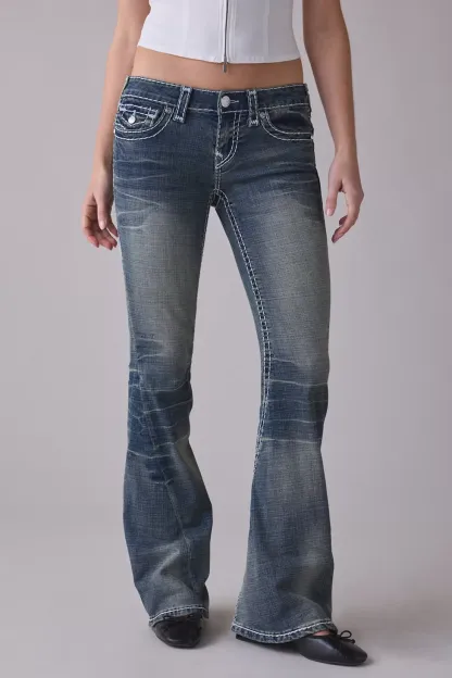 True Religion Joey Dandelion Fade Super-T Flap Low-Rise Flare Jeans - Dandelion Fade