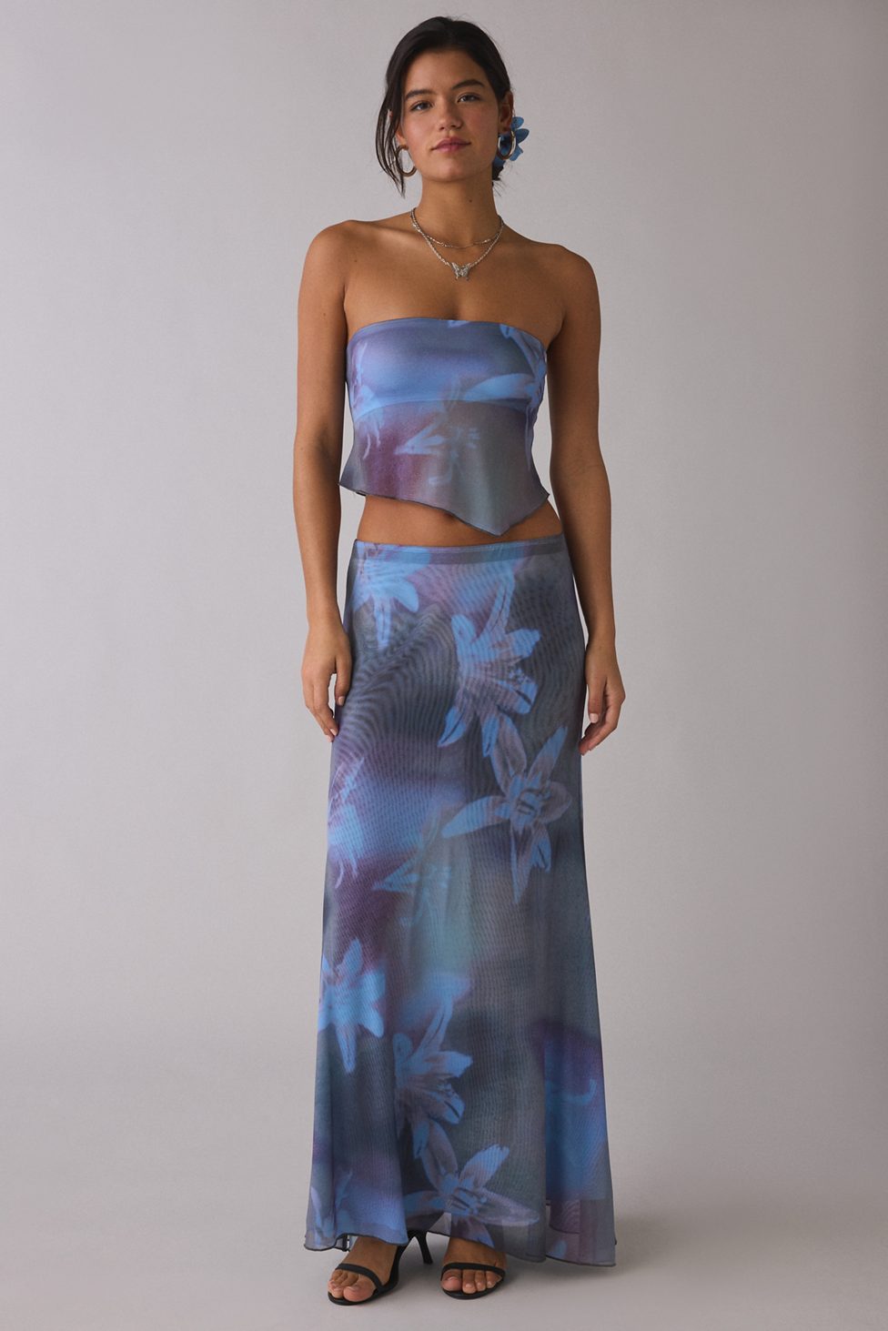 UO Shimmer Haze Printed Mesh Skirt 2-Piece Set - Blue Multi