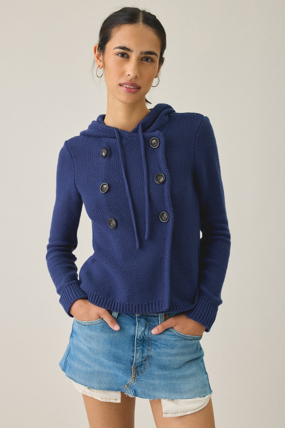 BDG Off Campus Double Breasted Hooded Cardigan - Navy