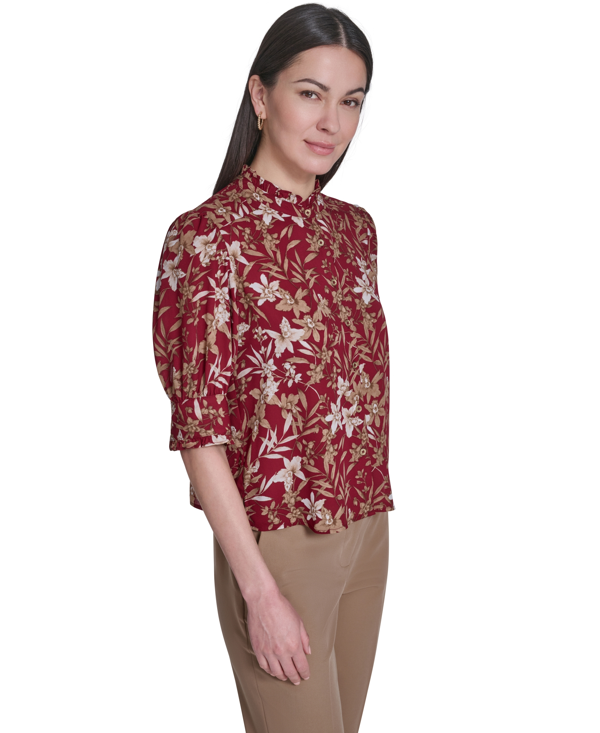 Tommy Hilfiger Women's Ruffle Puff-Sleeve Collared Shirt - Crimson/Tint
