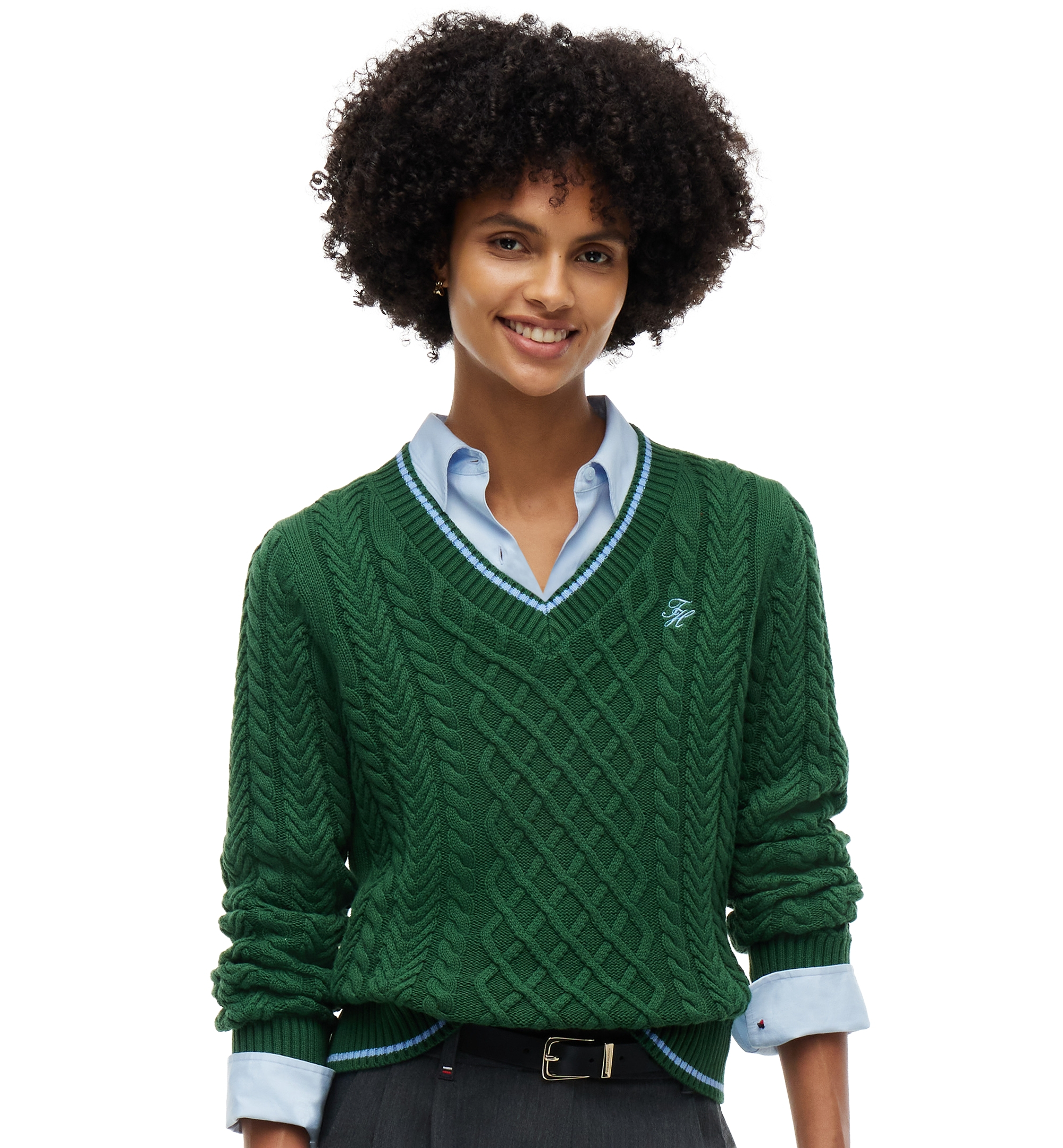 Tommy Hilfiger Women's Cable-Knit V-Neck Sweater - Deep Evergreen
