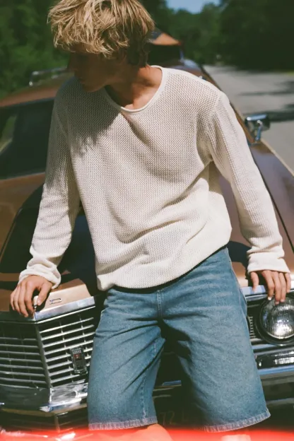 UO Mason Mesh Crew Neck Sweater - Ivory