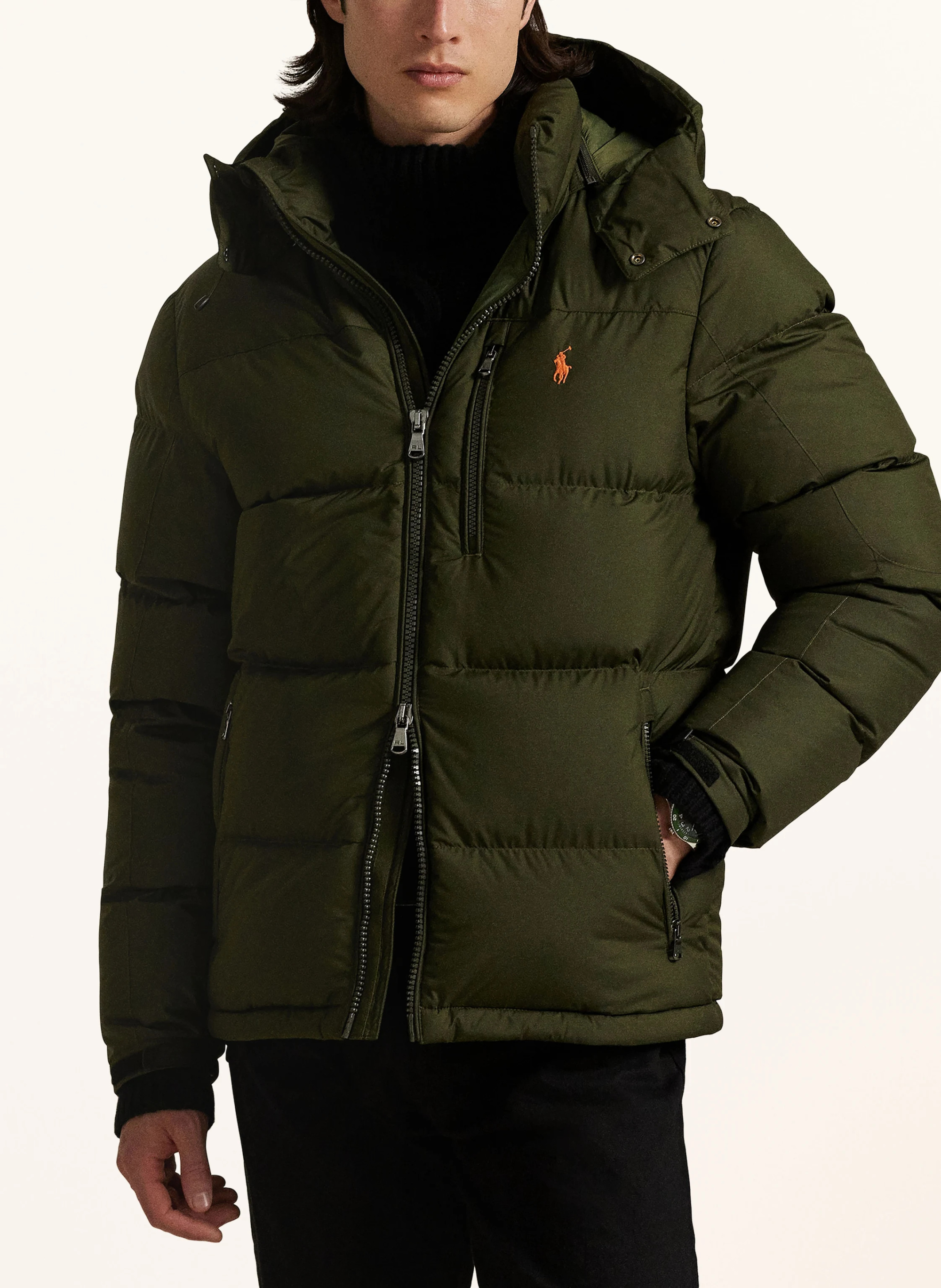 POLO RALPH LAUREN Daunenjacke GORHAM mit abnehmbarer Kapuze – OLIV / PLATIN / HELLORANGE
