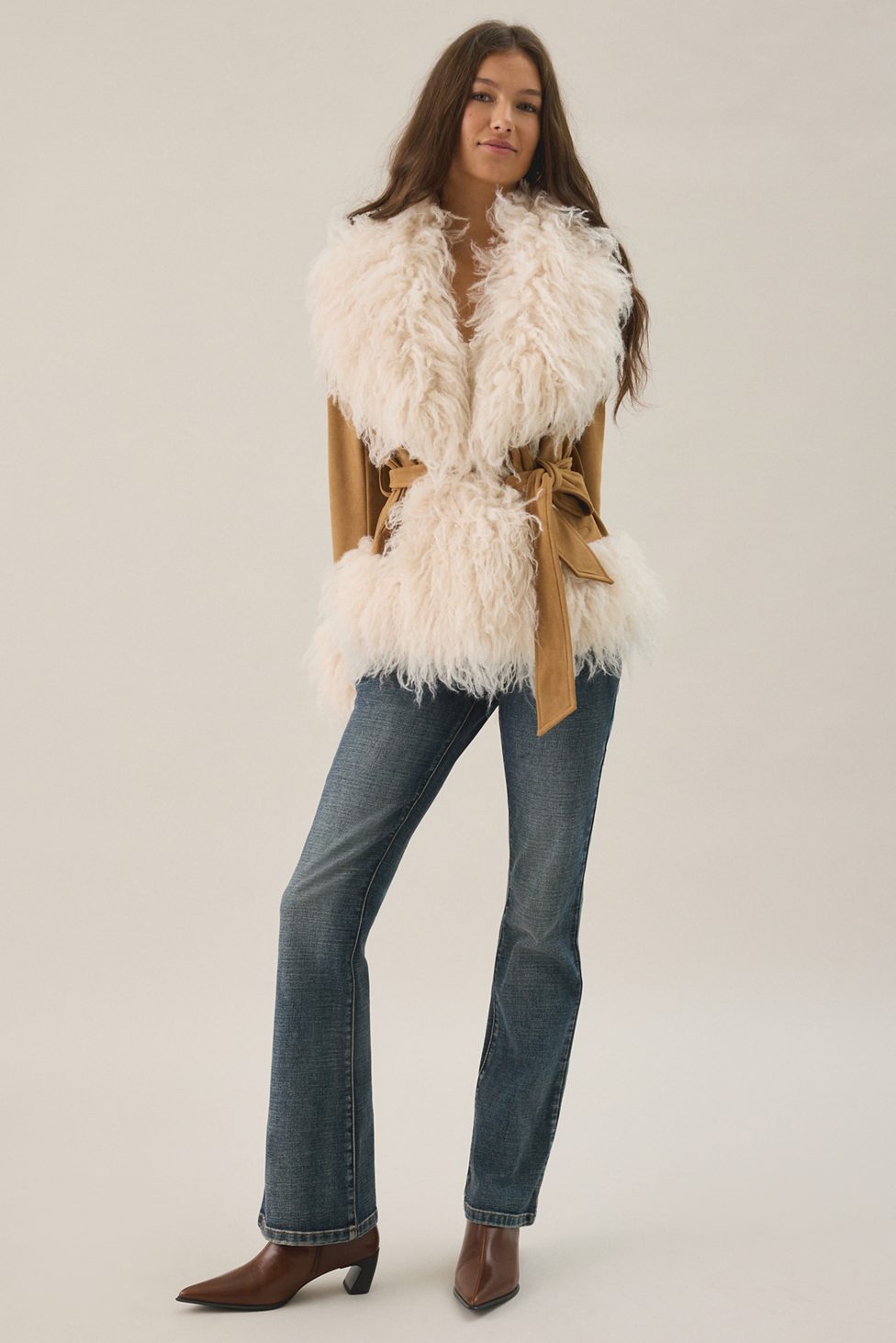 Azalea Wang Tori Faux Fur Trim Wrap Jacket - Tan