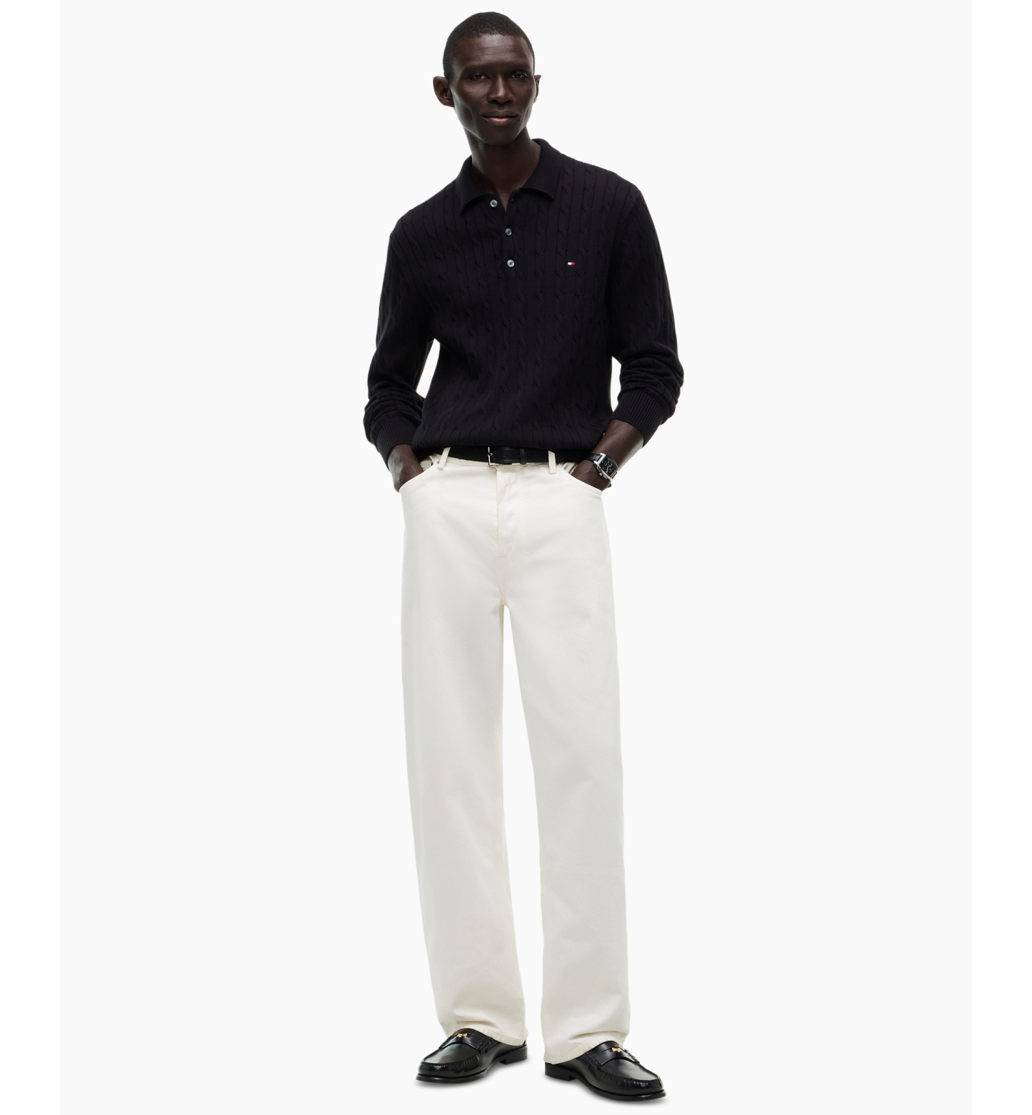 Tommy Hilfiger Men's Classic Cotton Cable-Knit Regular-Fit Sweater Polo - Black