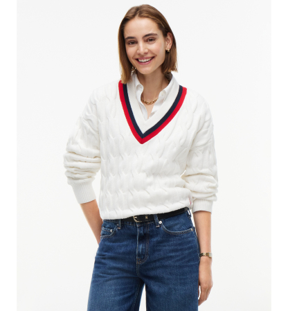 Tommy Hilfiger Women's Cricket Cable-Knit V-Neck Oversized Sweater - Ecru
