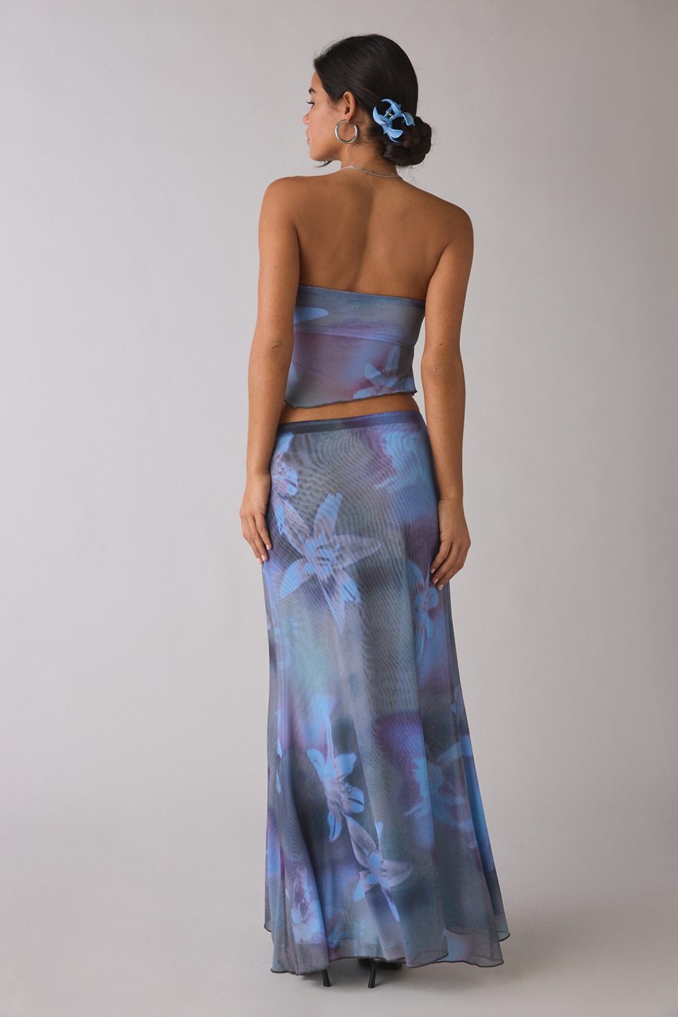 UO Shimmer Haze Printed Mesh Skirt 2-Piece Set - Blue Multi