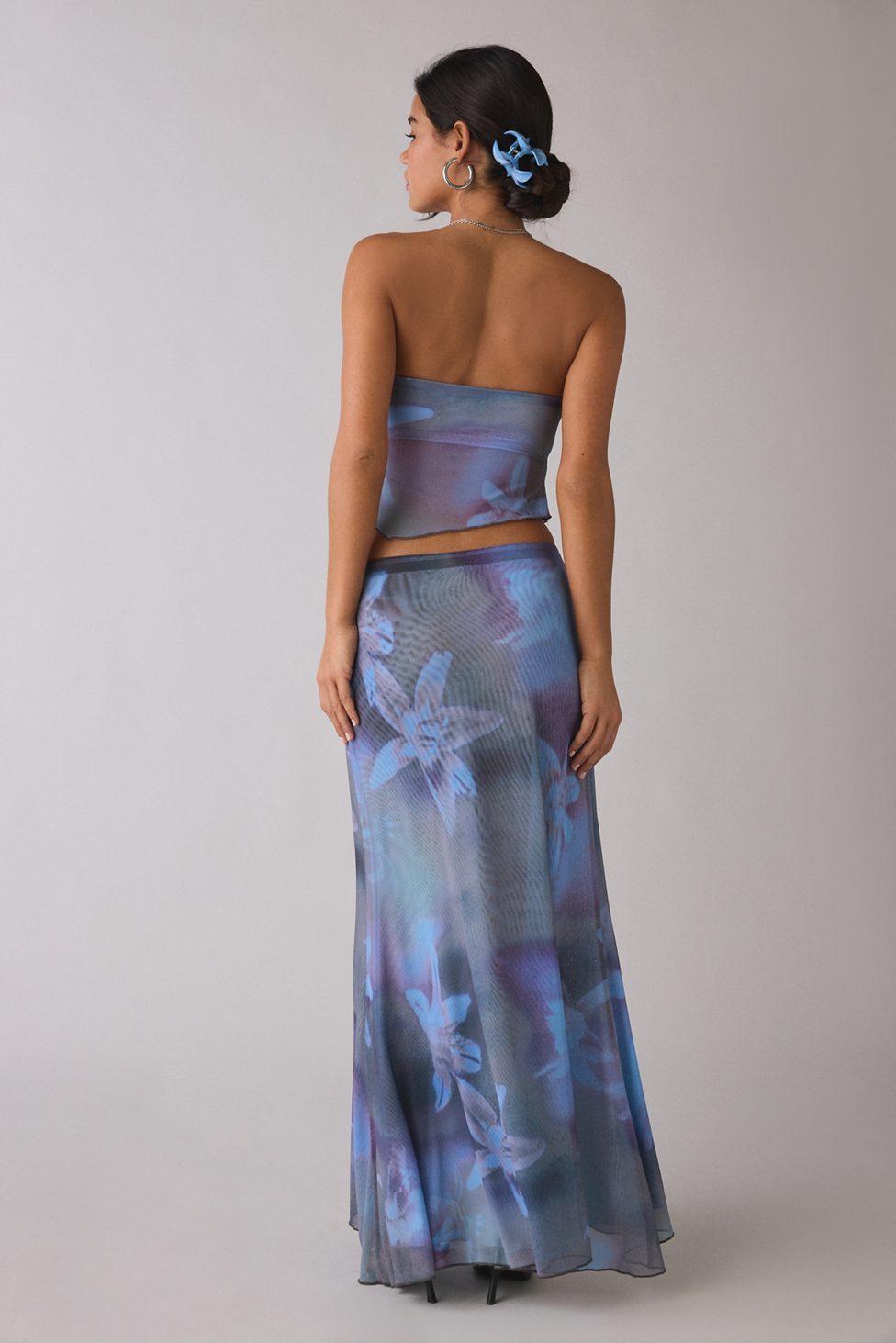 UO Shimmer Haze Printed Mesh Skirt 2-Piece Set - Blue Multi