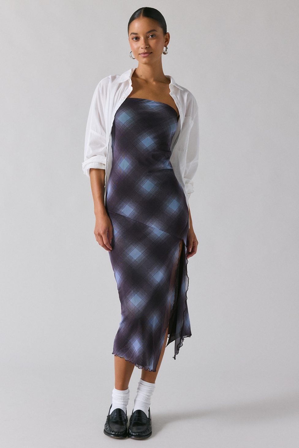 UO Samara Mesh Strapless Midi Dress - Dark Plaid