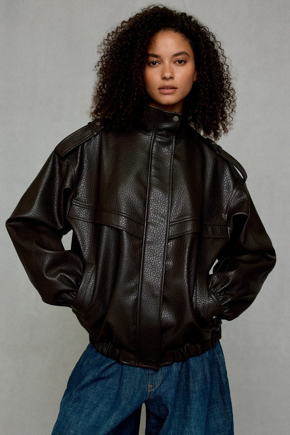 Azalea Wang UO Exclusive Narelle Oversized Faux Leather Bomber Jacket - Brown Faux Leather