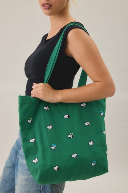 Three Potato Four X Peanuts Snoopy Embroidered Tote Bag - Green