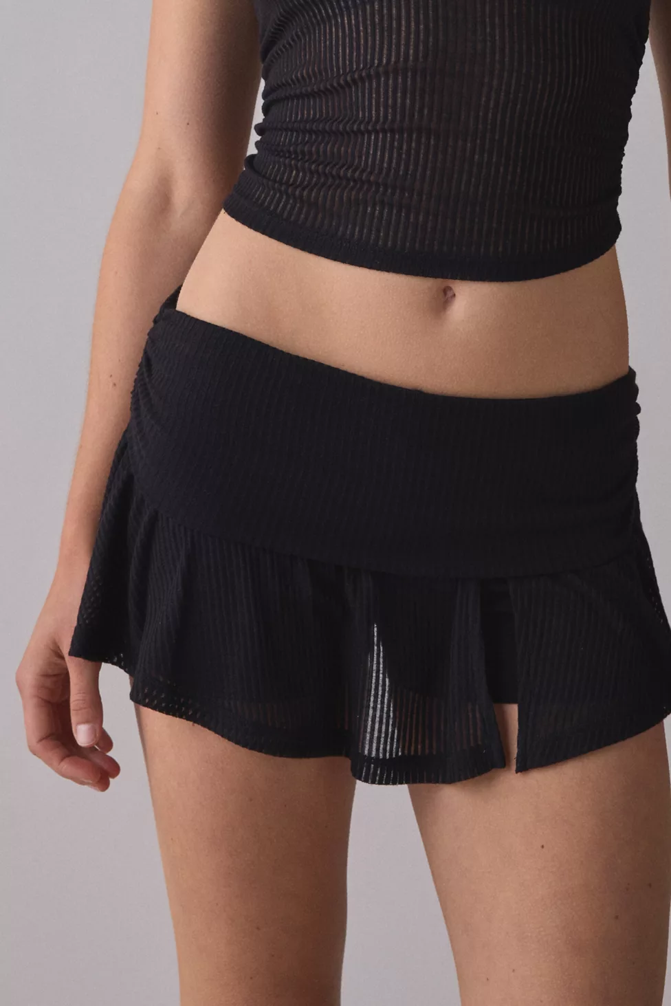 Out From Under Free Spirit Sheer Ribbed Foldover Mini Skort - Black