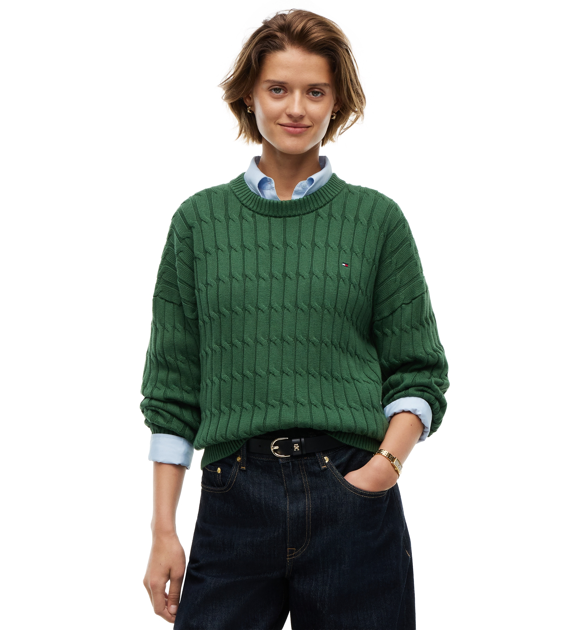 Tommy Hilfiger Women's Cable-Knit Crewneck Sweater - Deep Evergreen