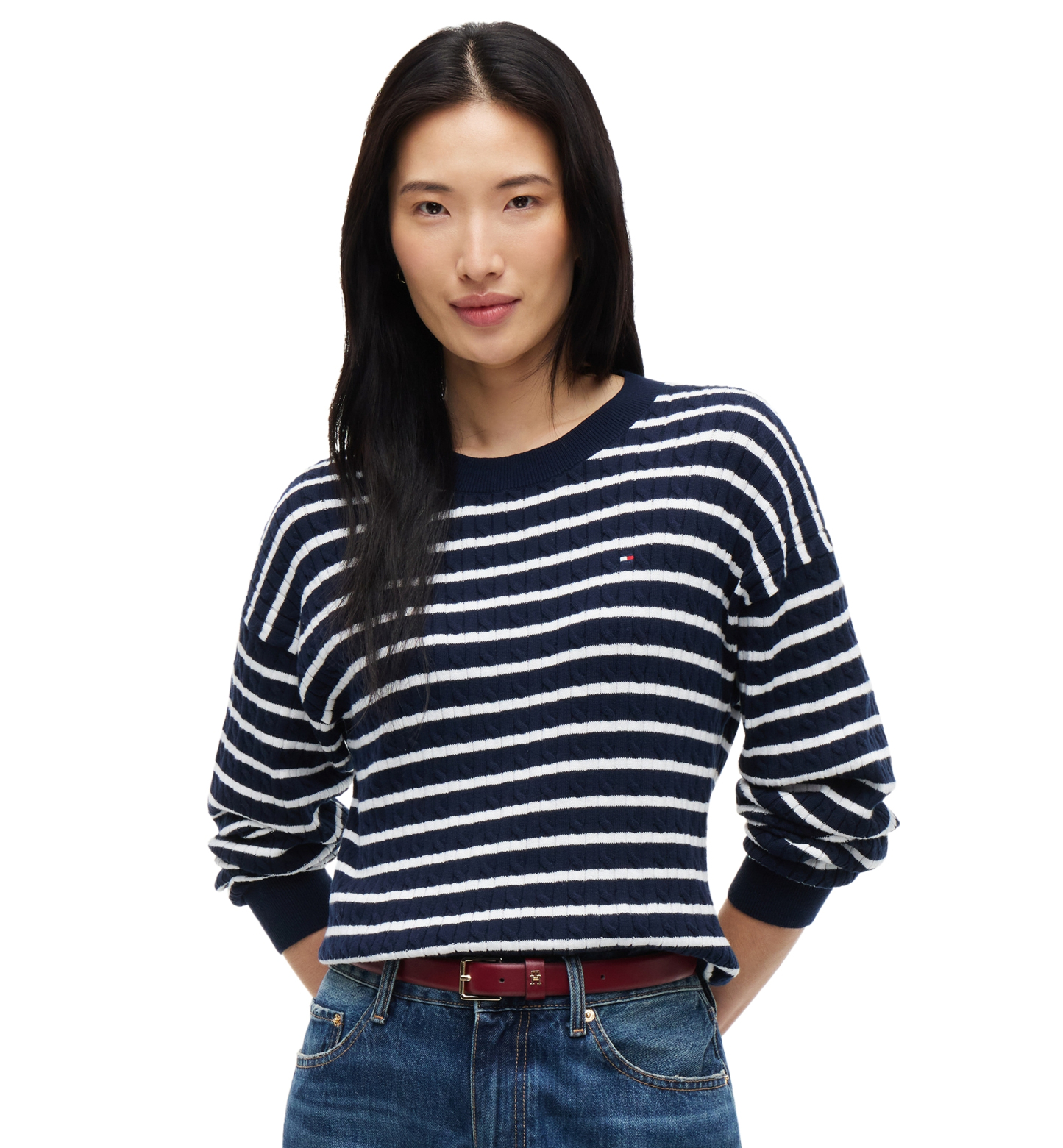Tommy Hilfiger Women's Fine Gauge Cable-Knit Crewneck Sweater - Breton Stp Dark Blue Ecru