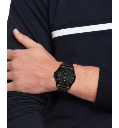 Tommy Hilfiger Men's Quartz Black Leather Strap Watch, 43mm - Black