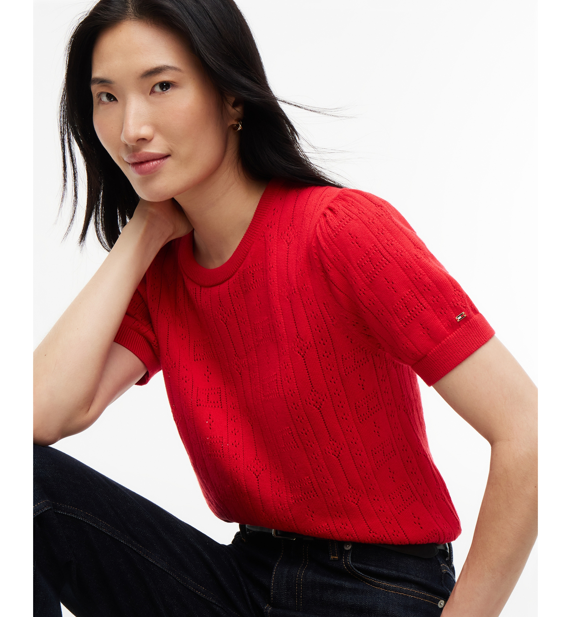 Tommy Hilfiger Women's Pointelle Puff-Sleeve Sweater - Red