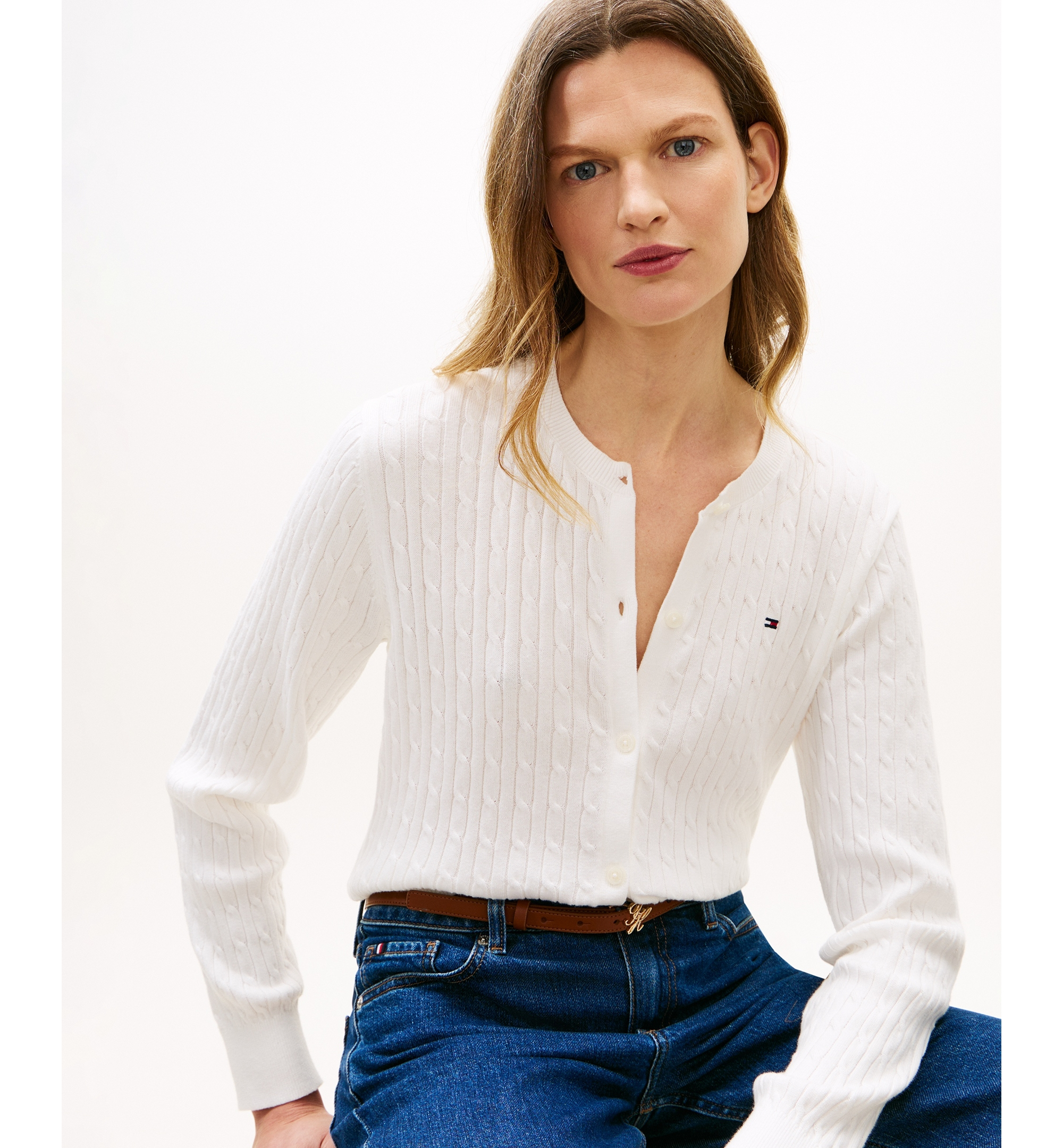 Tommy Hilfiger Women's Cable Knit Crew Neck Cardigan Sweater - Ecru