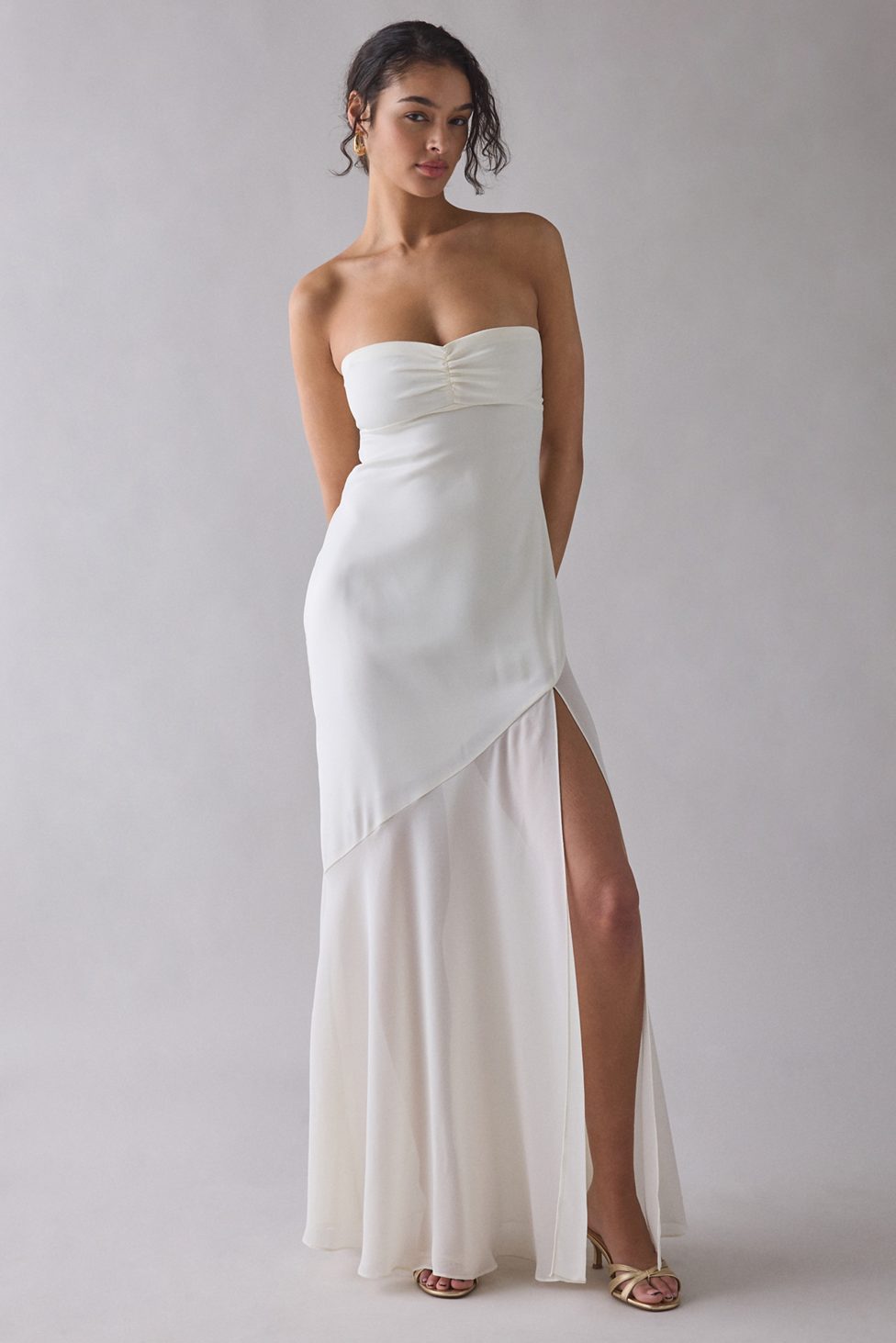 UO Sky High Sheer Illusion Asymmetric Maxi Dress - Ivory