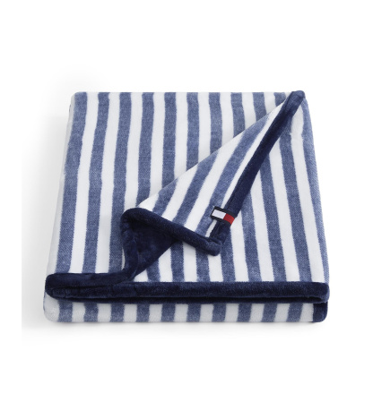 Tommy Hilfiger Laguna Beach Stripe Printed Plush Throw, 70" x 50" - White, Deep Blue