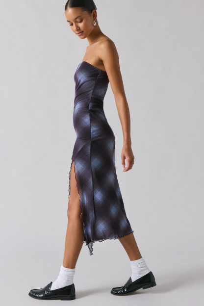 UO Samara Mesh Strapless Midi Dress - Dark Plaid