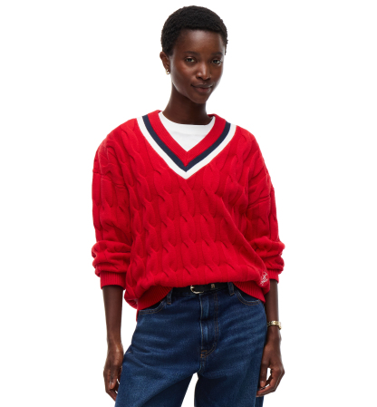 Tommy Hilfiger Women's Cricket Cable-Knit V-Neck Oversized Sweater - Red