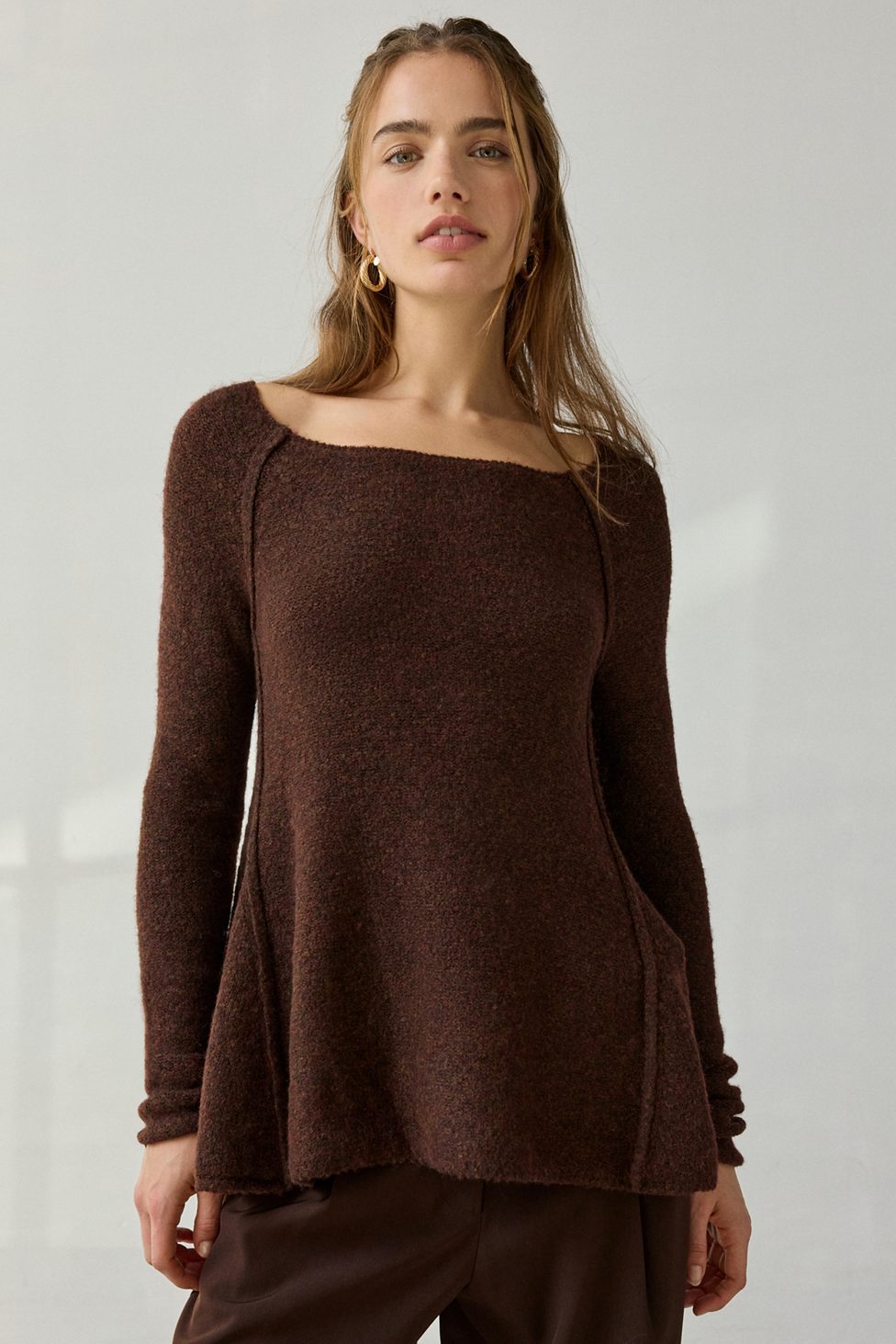 BDG Angel Boatneck Fit-And-Flare Tunic Sweater - Brown