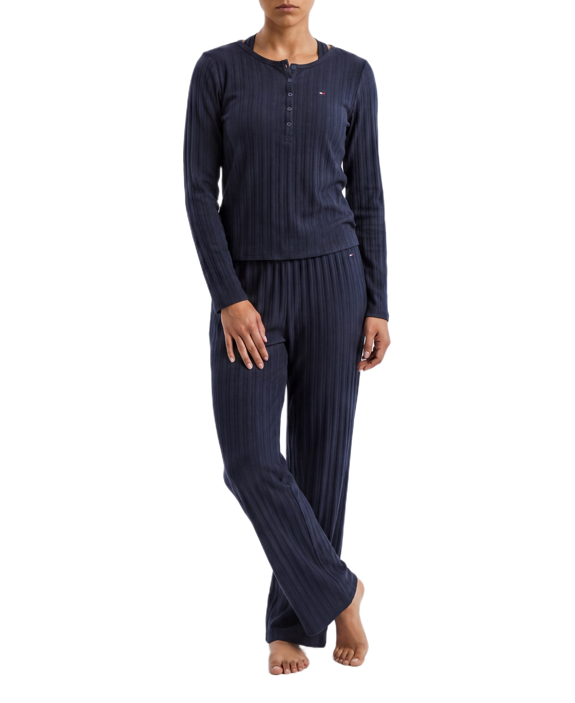 Tommy Hilfiger Women's Long-Sleeve Wide-Leg Cable-Jacquard Henley Top and Pant, 2-Piece Pajama Set - Sky Captain