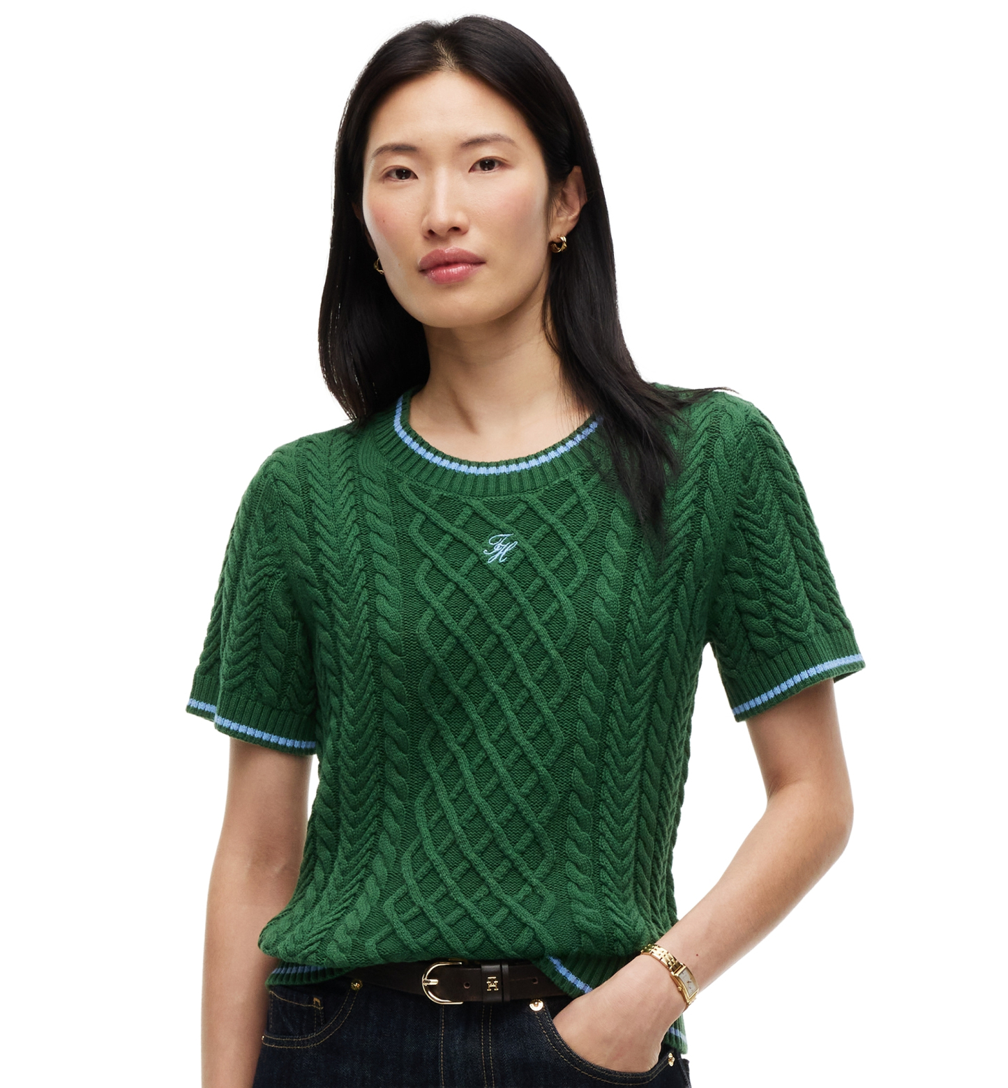Tommy Hilfiger Women's Heritage Cable-Knit Short-Sleeve Sweater - Deep Evergreen