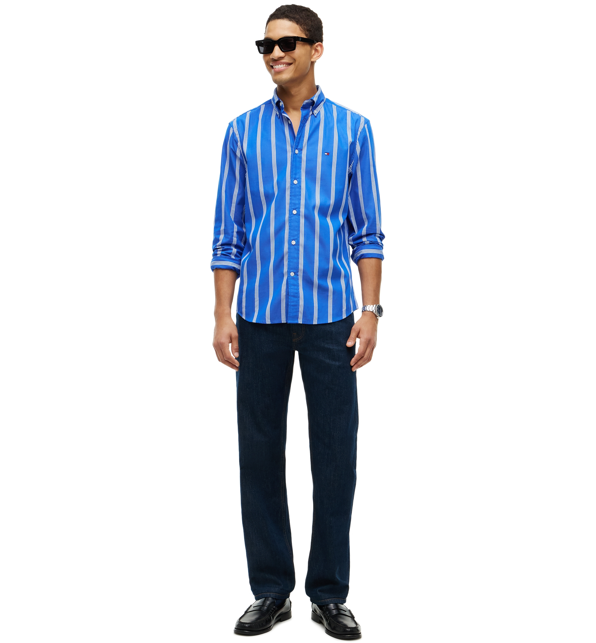 Tommy Hilfiger Men's Poplin Ground Stripe Relaxed-Fit Shirt - Regal Blue/Multistripe