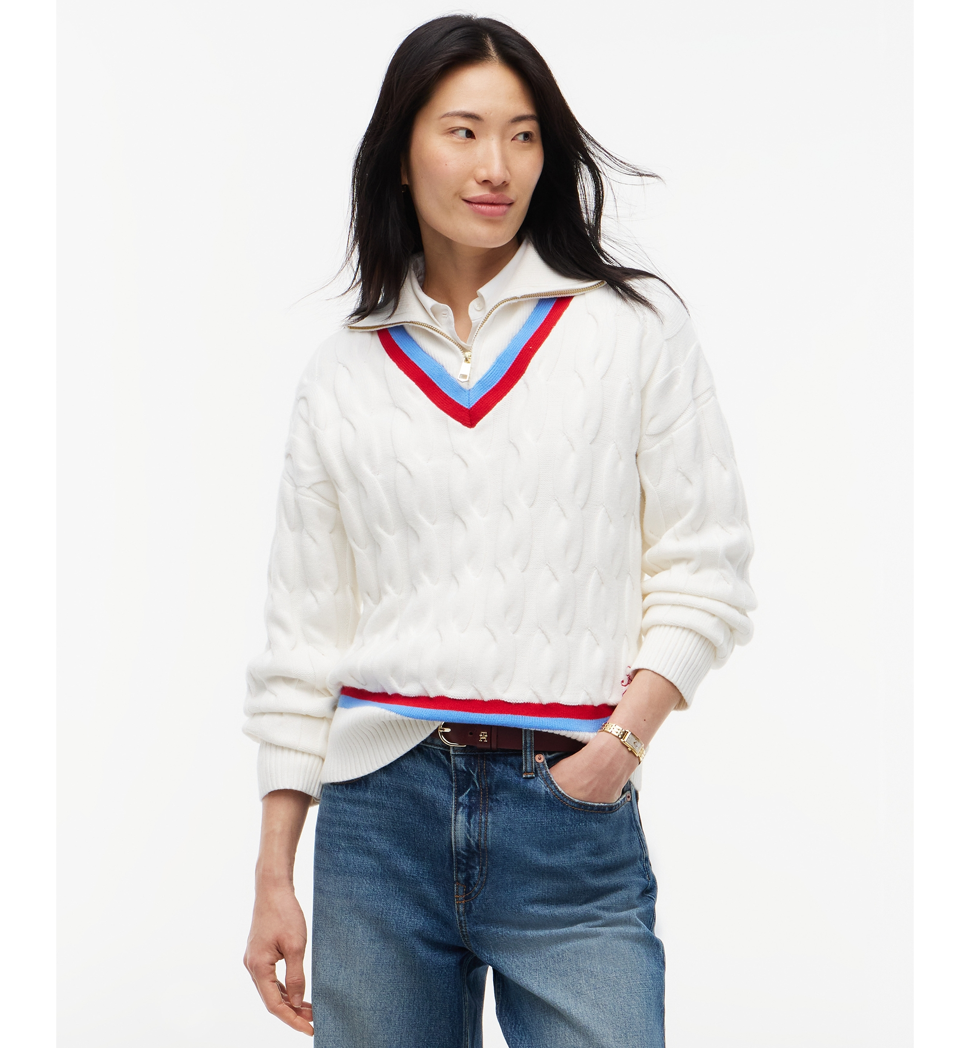 Tommy Hilfiger Women's Cable Half Zip Cricket Turtleneck Relaxed-Fit Sweater - Ecru