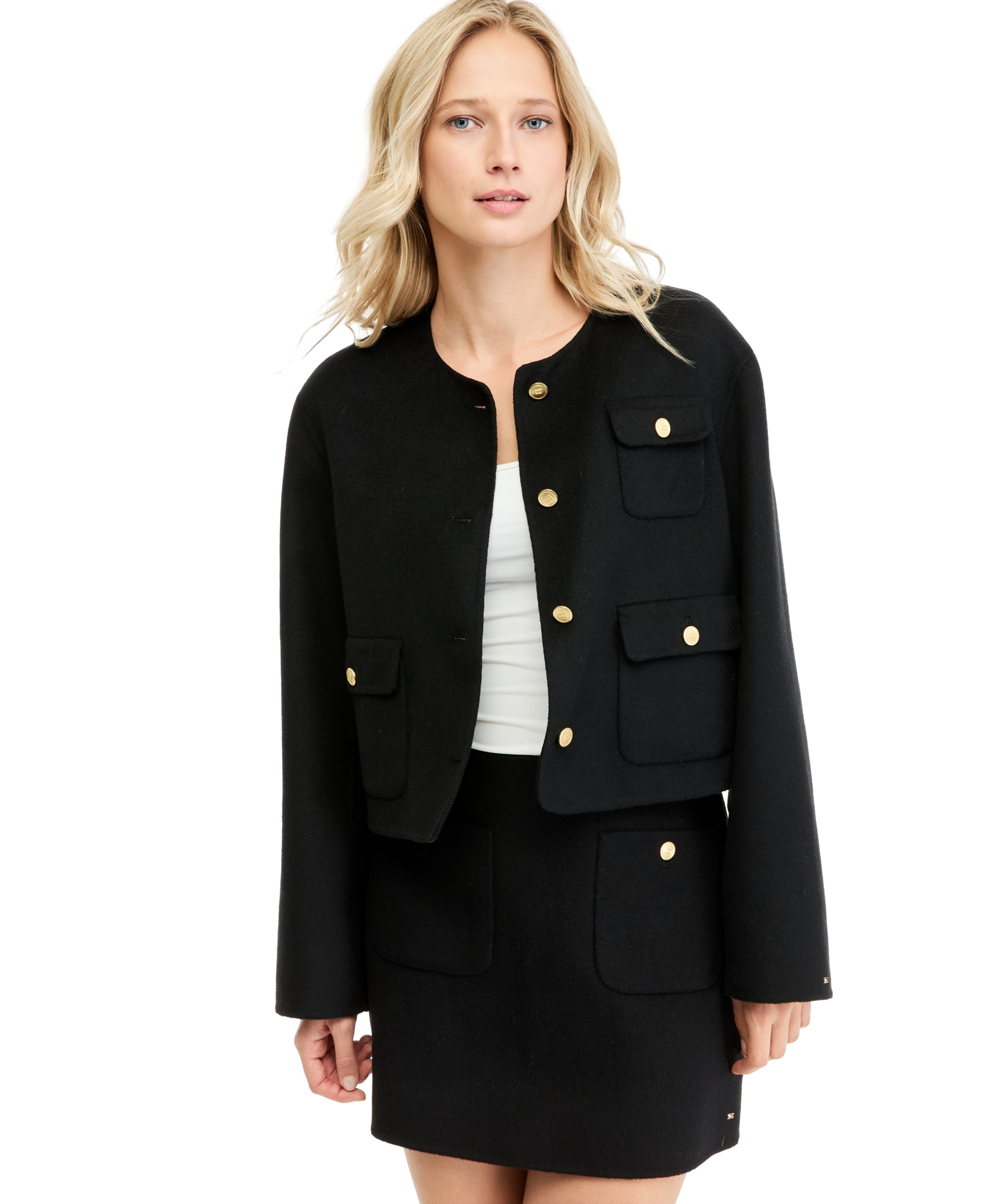 Tommy Hilfiger Women's Wool-Blend Cropped Jacket with Faux Fur - Black