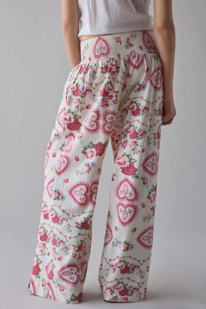 Kimchi Blue Caroline Smocked Wide Leg Linen-Blend Pants - Cabbage Rose