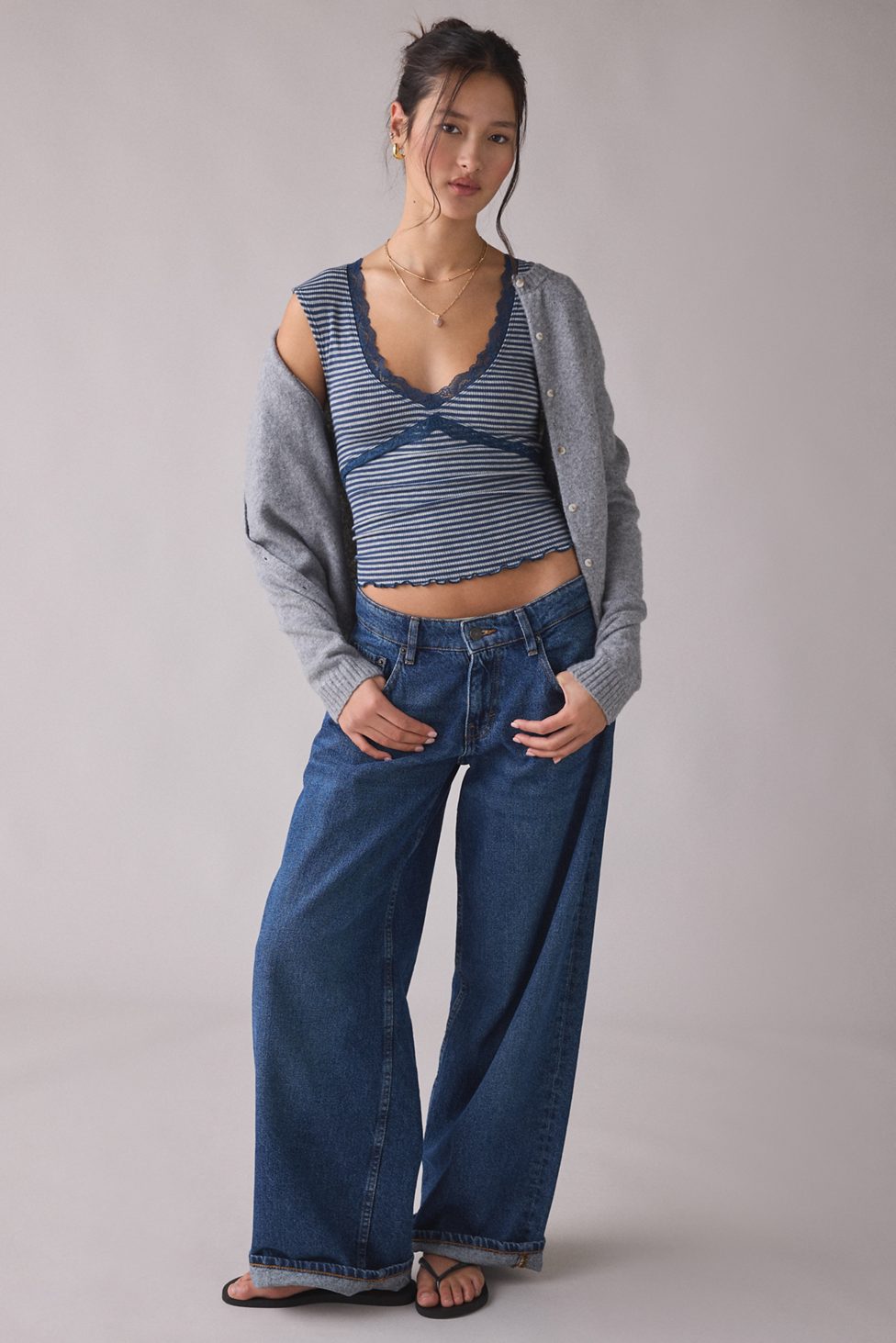 Out From Under Diana Plunging Lace Trim Cap Sleeve Top - Blue Multi