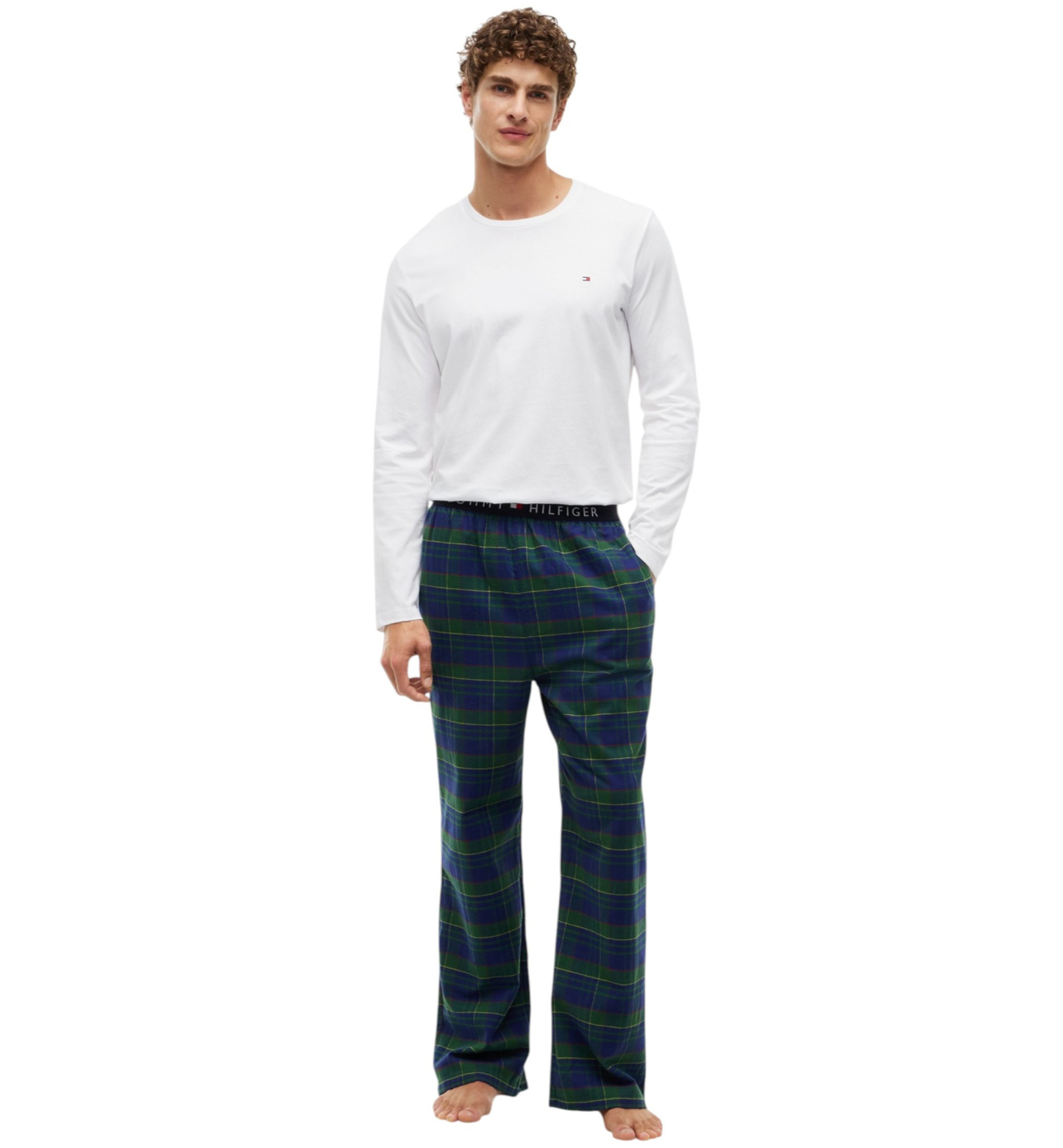 Tommy Hilfiger Men's Core Flag Long-Sleeve Crewneck Cotton Pajama T-Shirt - White