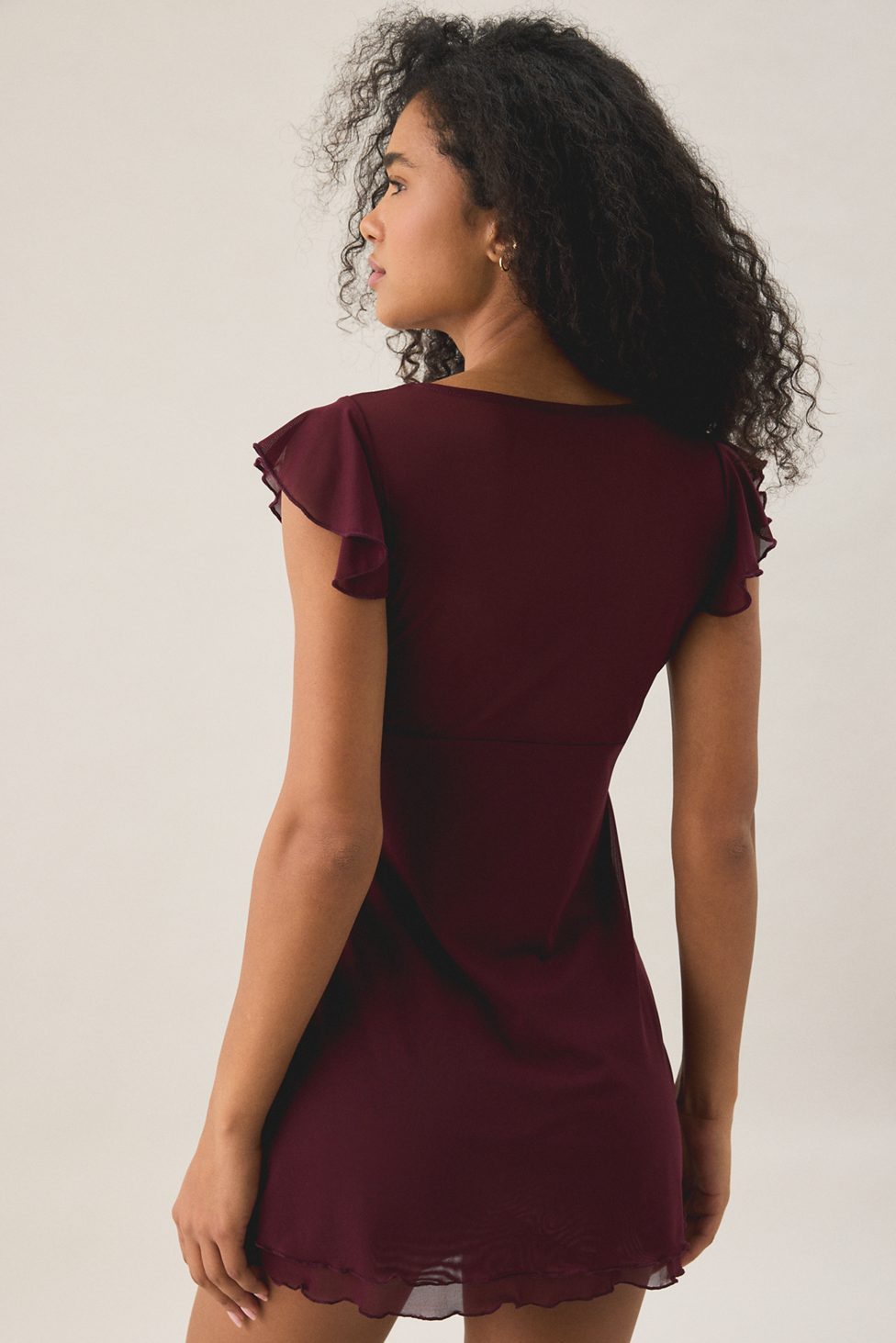 Out From Under Cecelia Mesh Ruffle Flutter Sleeve Sleep Dress - Maroon
